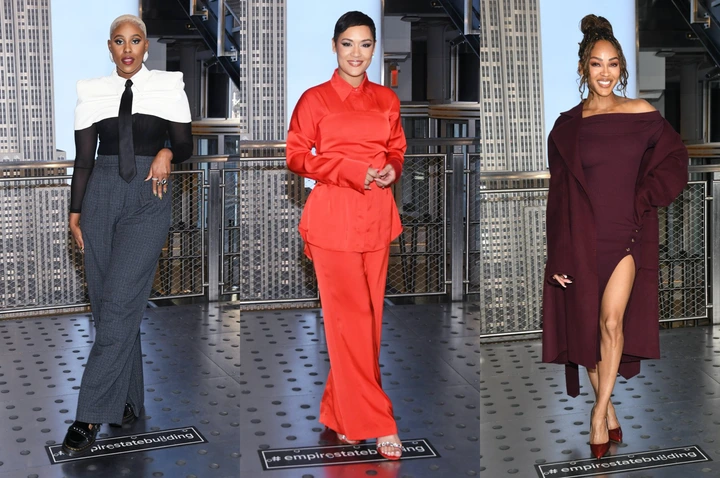Jerrie Johnson, Grace Byers and Meagan Good celebrating the Season 3 premiere of “Harlem” at the Empire State Building in New York City on Jan. 14, 2025.